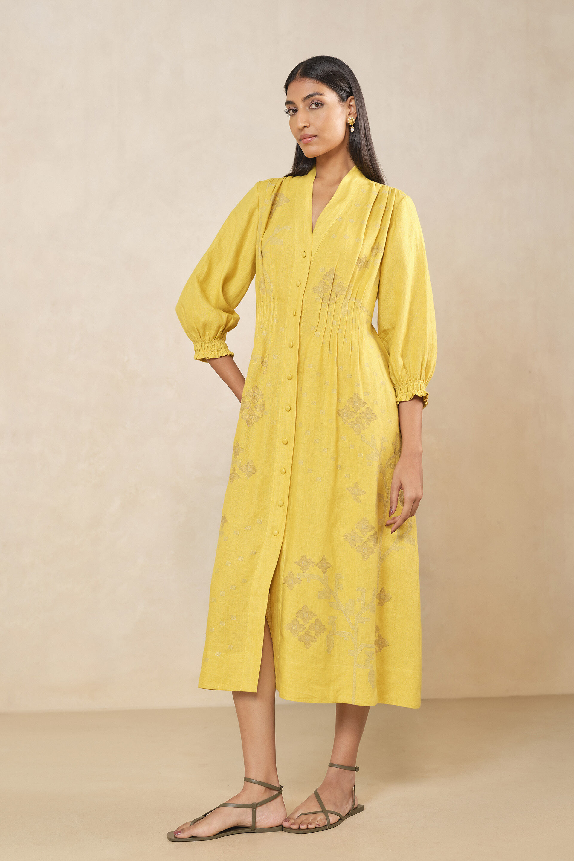 Haiku Embroidered Hemp Dress - Yellow, Yellow, image 3